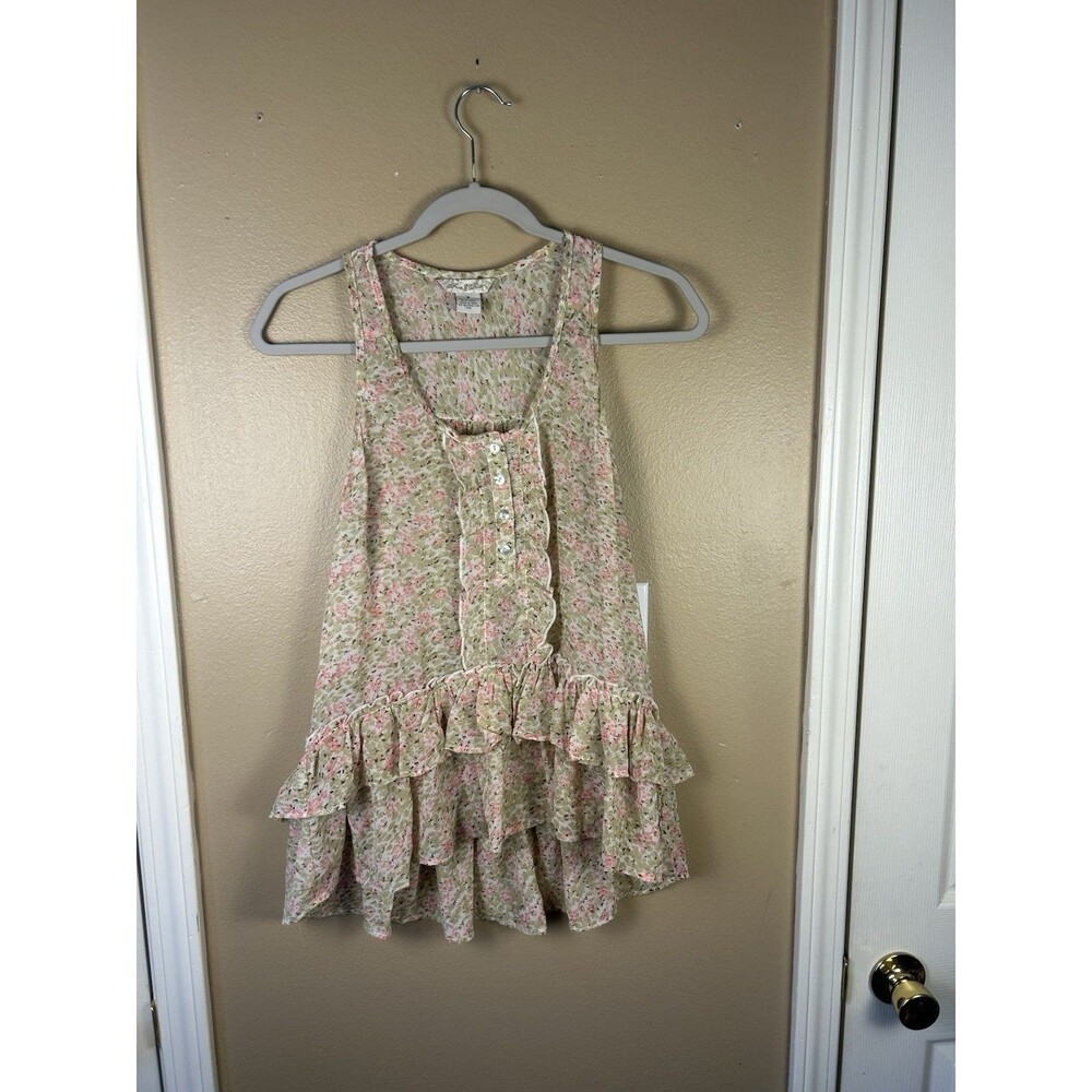 Womens Y2K Pink Floral Top Tank Small Ruffles Cottage Preppy Coquette Sheer